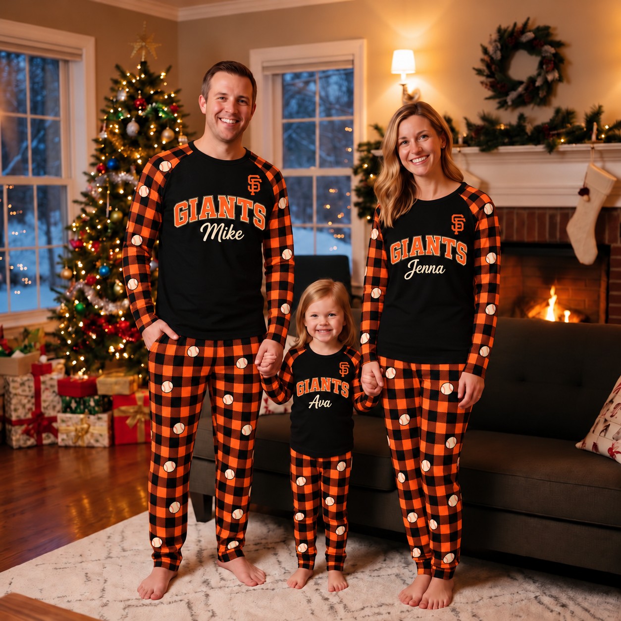 San Francisco Giants family Christmas pajamas, plaid design