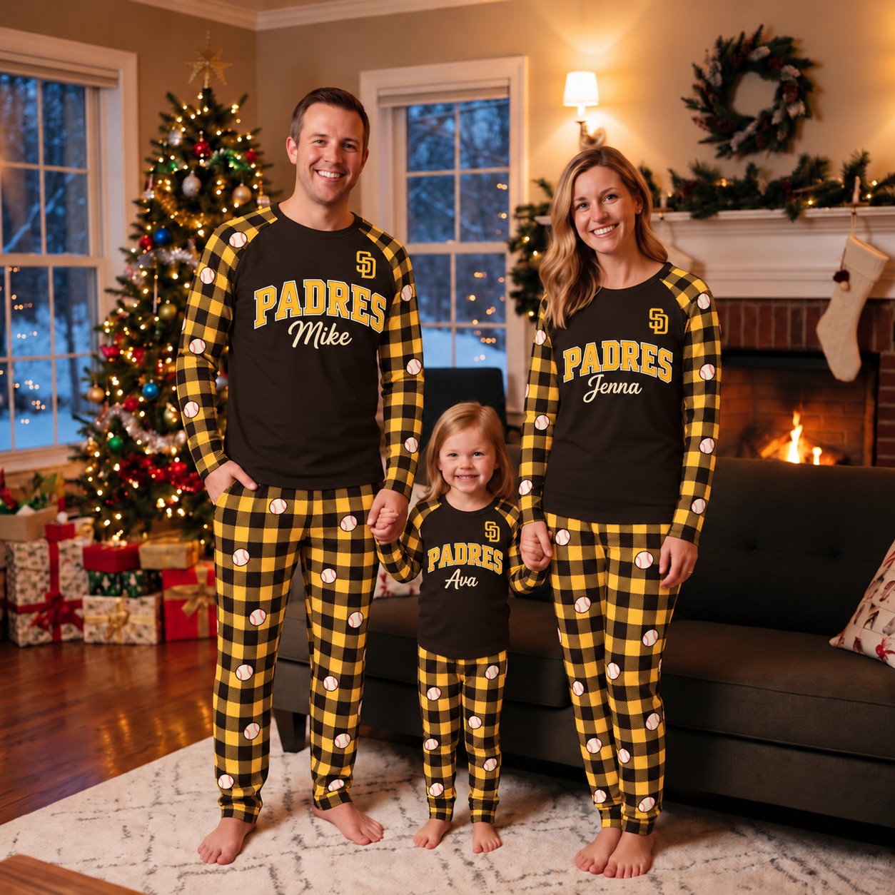 San Diego Padres family Christmas pajamas, plaid design