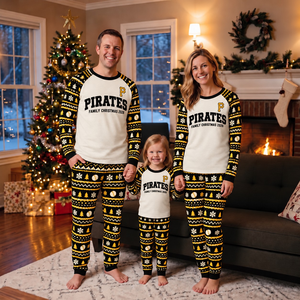 Pittsburgh Pirates family Christmas pajamas, fair isle design
