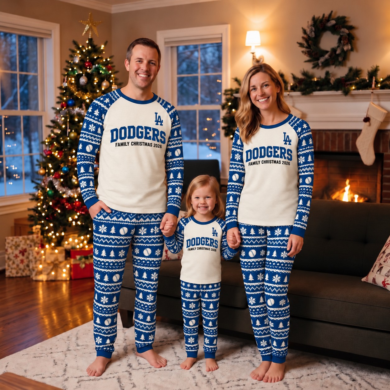 Los Angeles Dodgers family Christmas pajamas, fair isle design