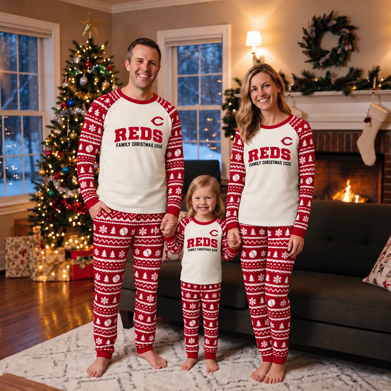 Cincinnati Reds family Christmas pajamas, fair isle design