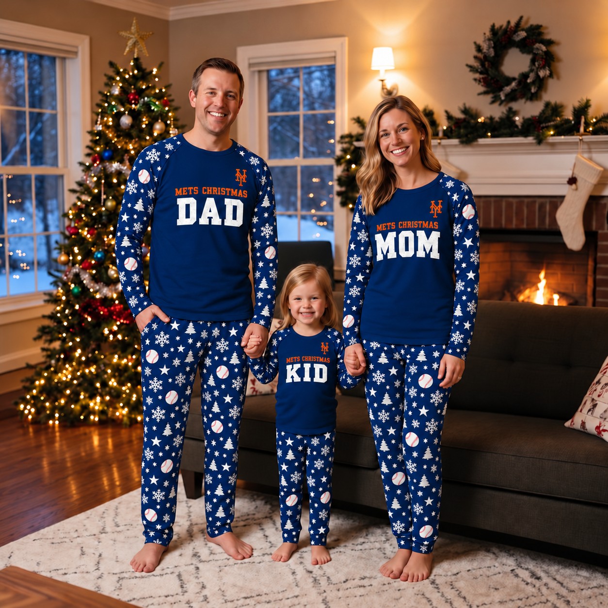 New York Mets family Christmas pajamas, dad mom kid design
