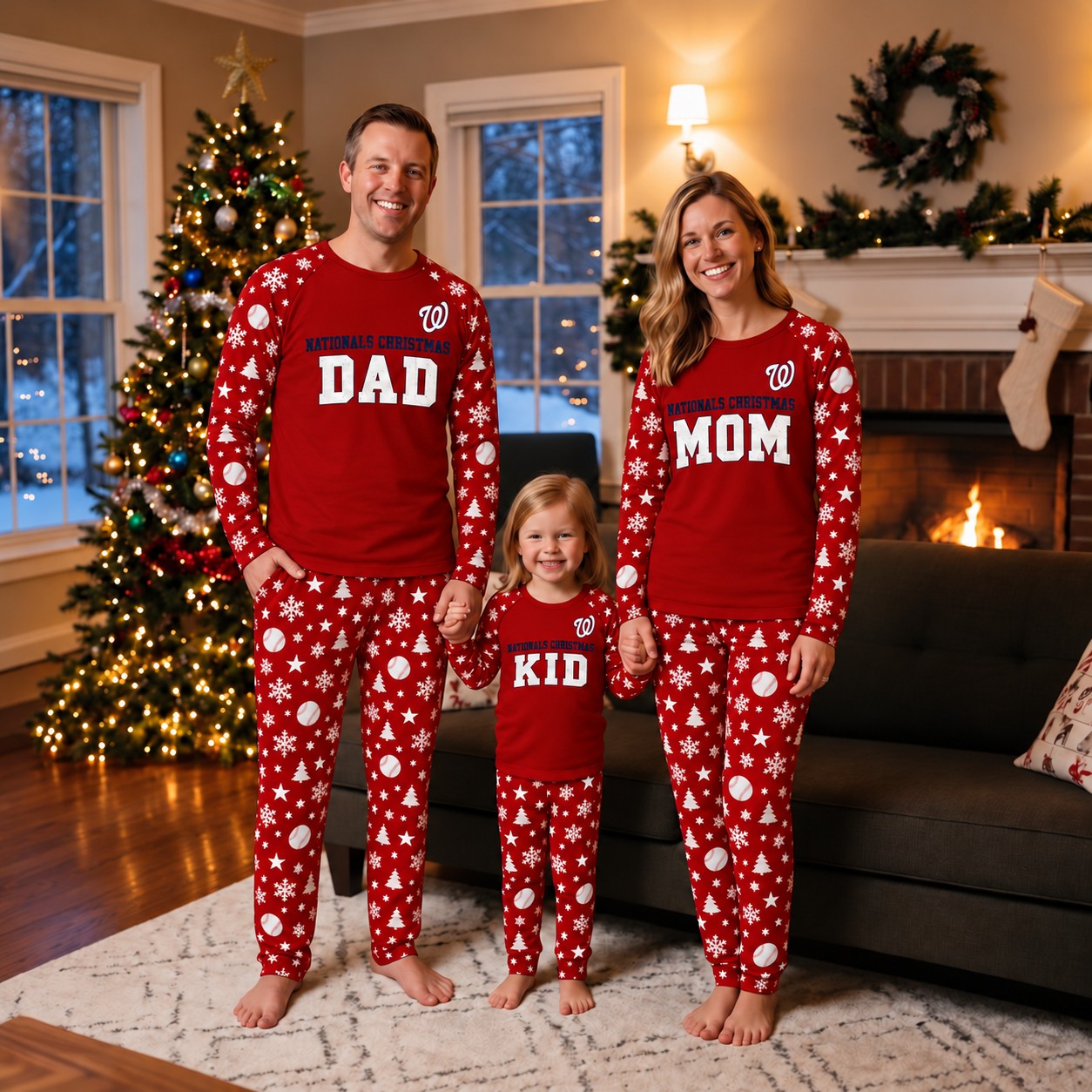 Washington Nationals family Christmas pajamas, dad mom kid design
