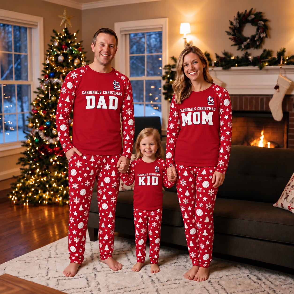 St. Louis Cardinals family Christmas pajamas, dad mom kid design