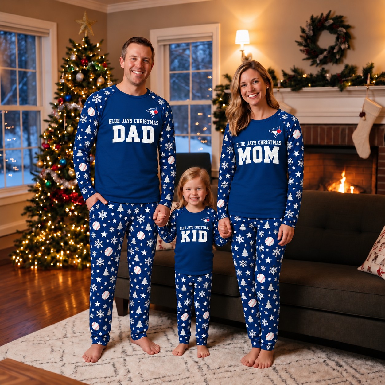Toronto Blue Jays family Christmas pajamas, dad mom kid design