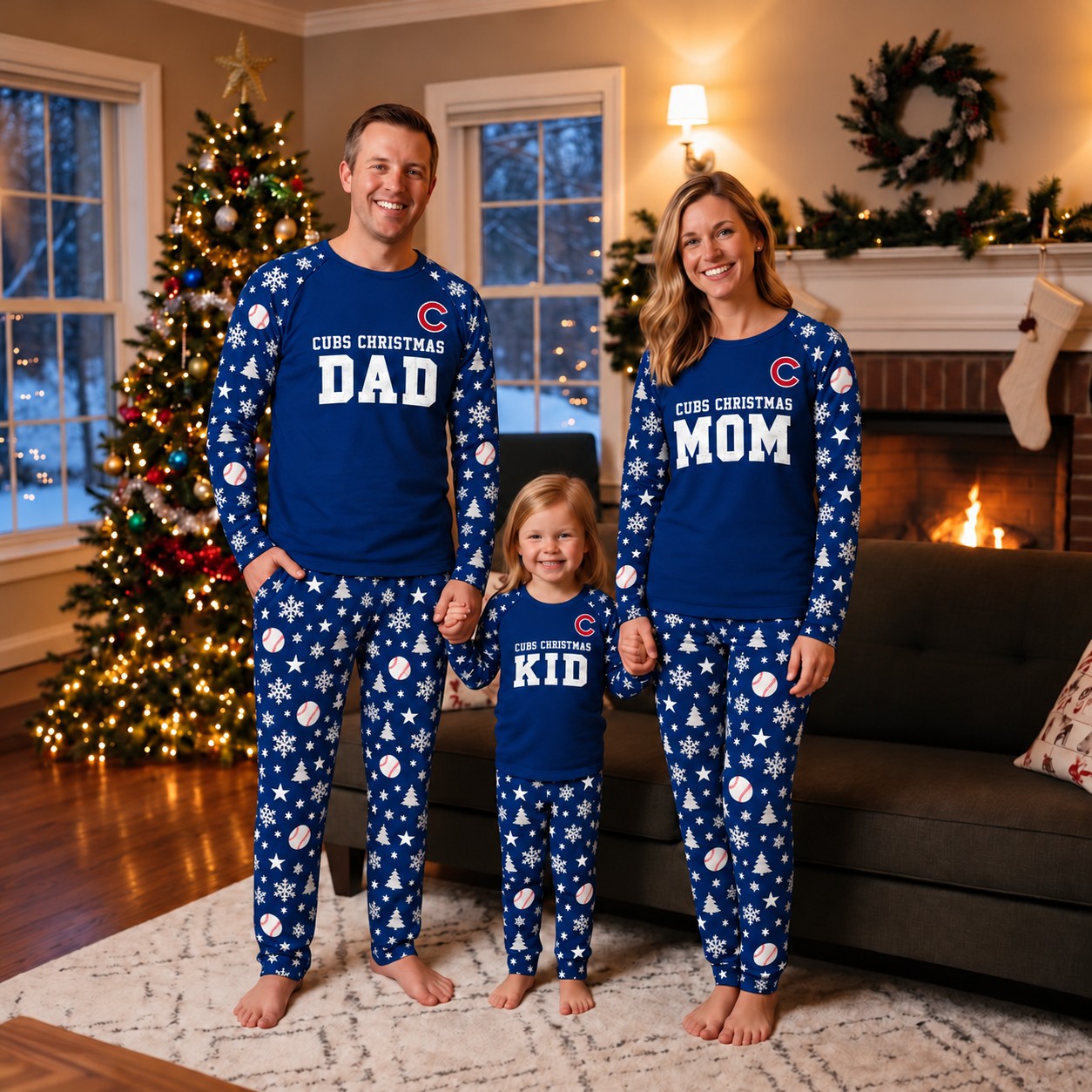 Chicago Cubs family Christmas pajamas, dad mom kid design