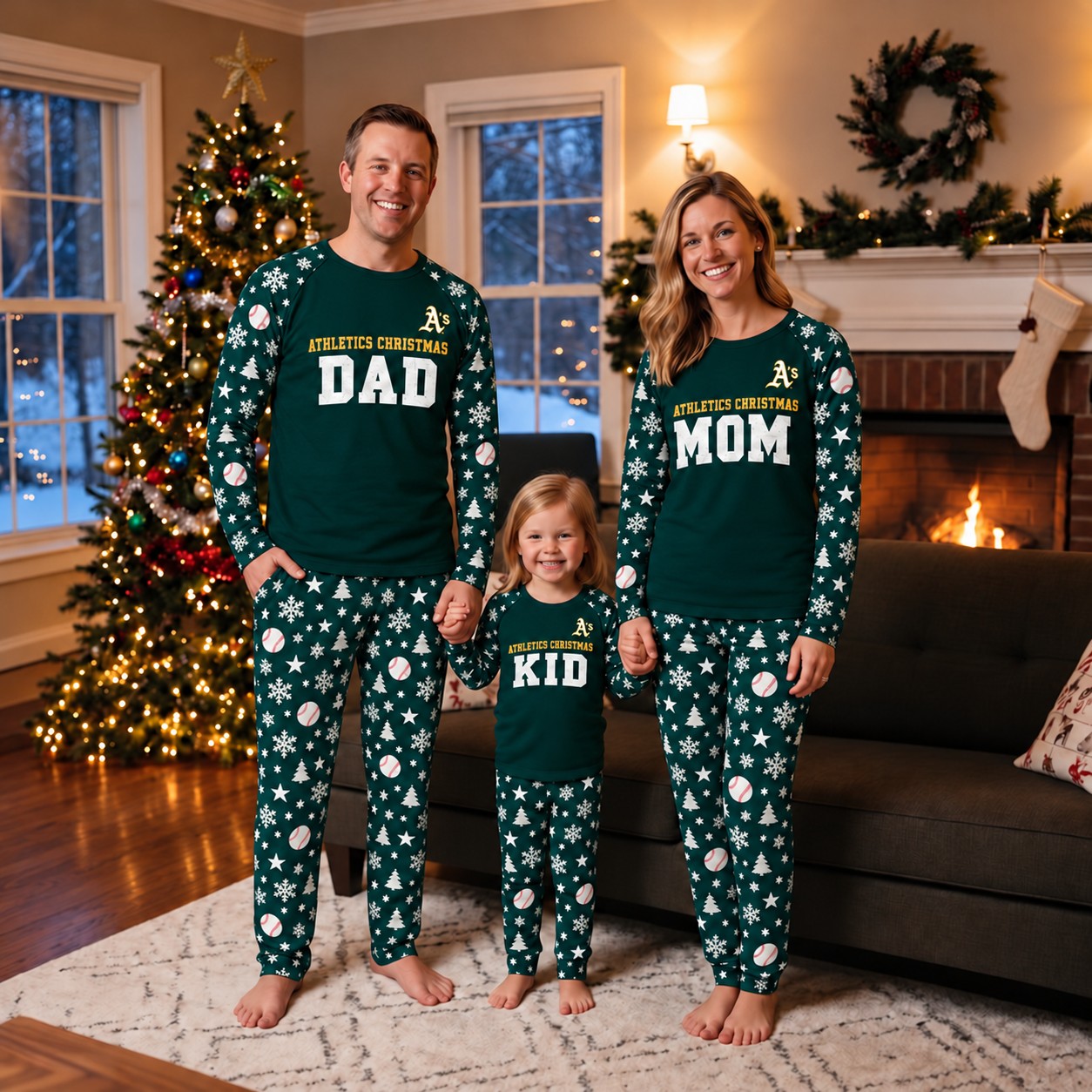Athletics family Christmas pajamas, dad mom kid design
