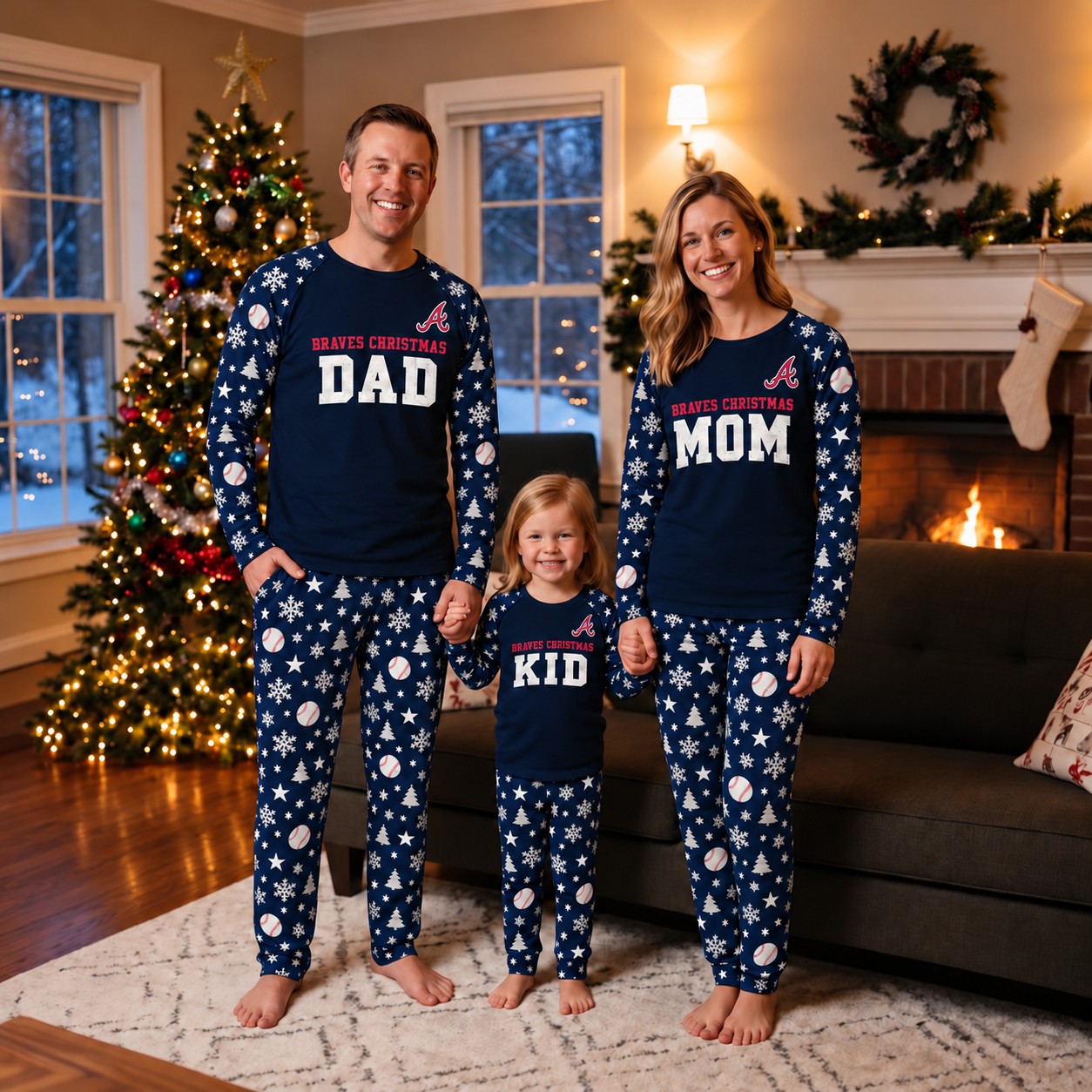 Atlanta Braves family Christmas pajamas, dad mom kid design