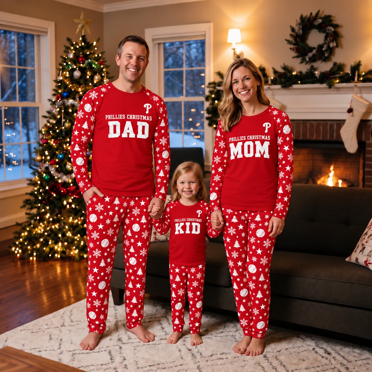 Philadelphia Phillies family Christmas pajamas, dad mom kid design