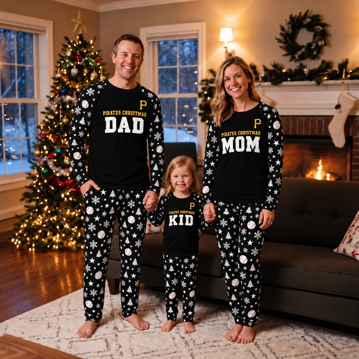 Pittsburgh Pirates family Christmas pajamas, dad mom kid design