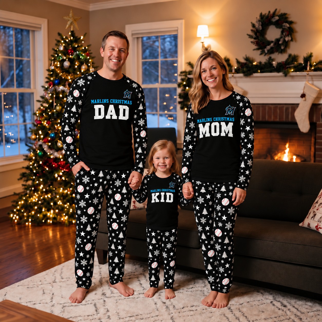 Miami Marlins family Christmas pajamas, dad mom kid design
