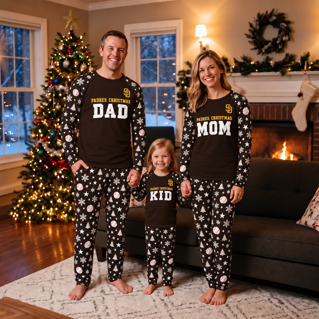 San Diego Padres family Christmas pajamas, dad mom kid design