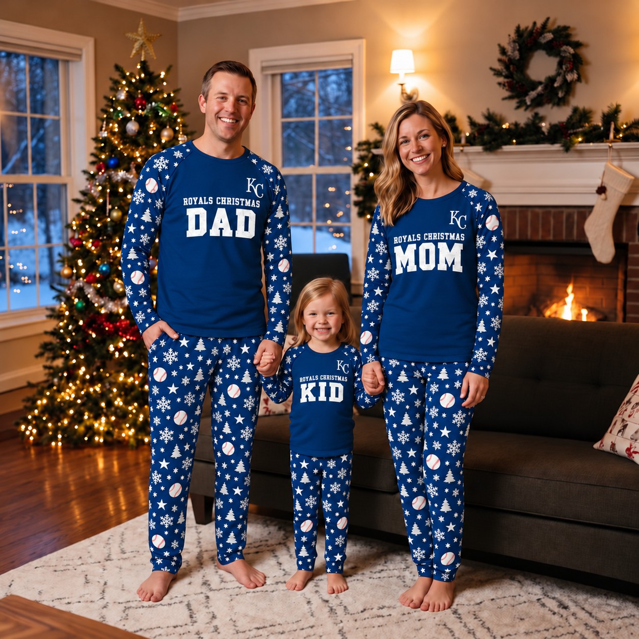 Kansas City Royals family Christmas pajamas, dad mom kid design