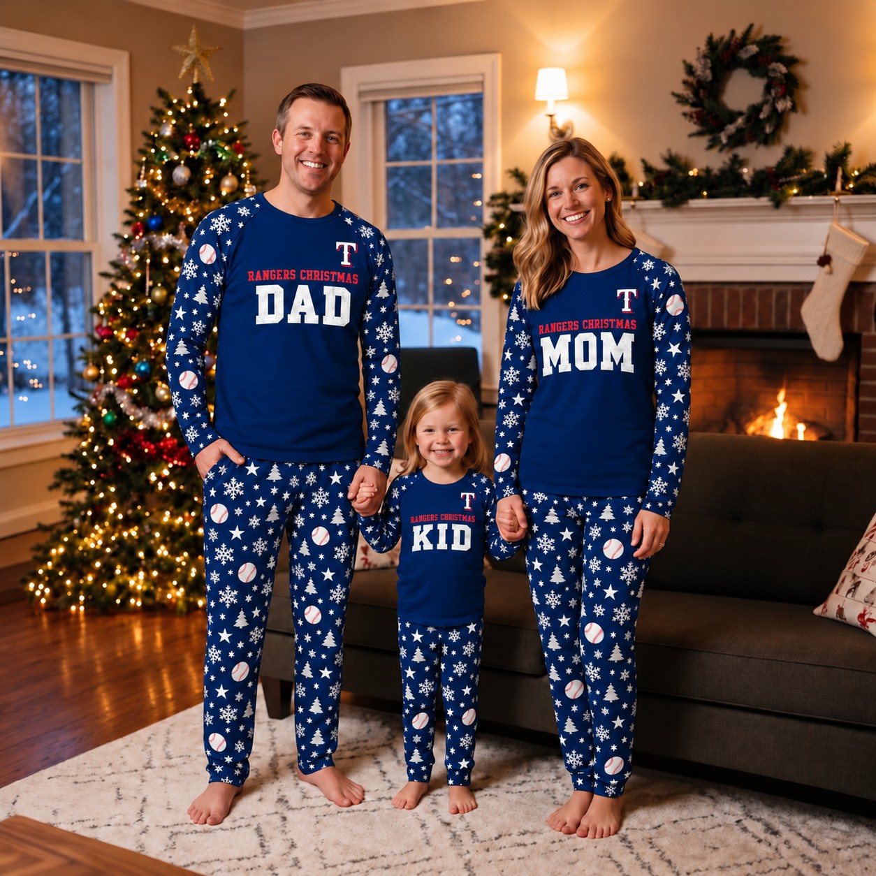 Texas Rangers family Christmas pajamas, dad mom kid design
