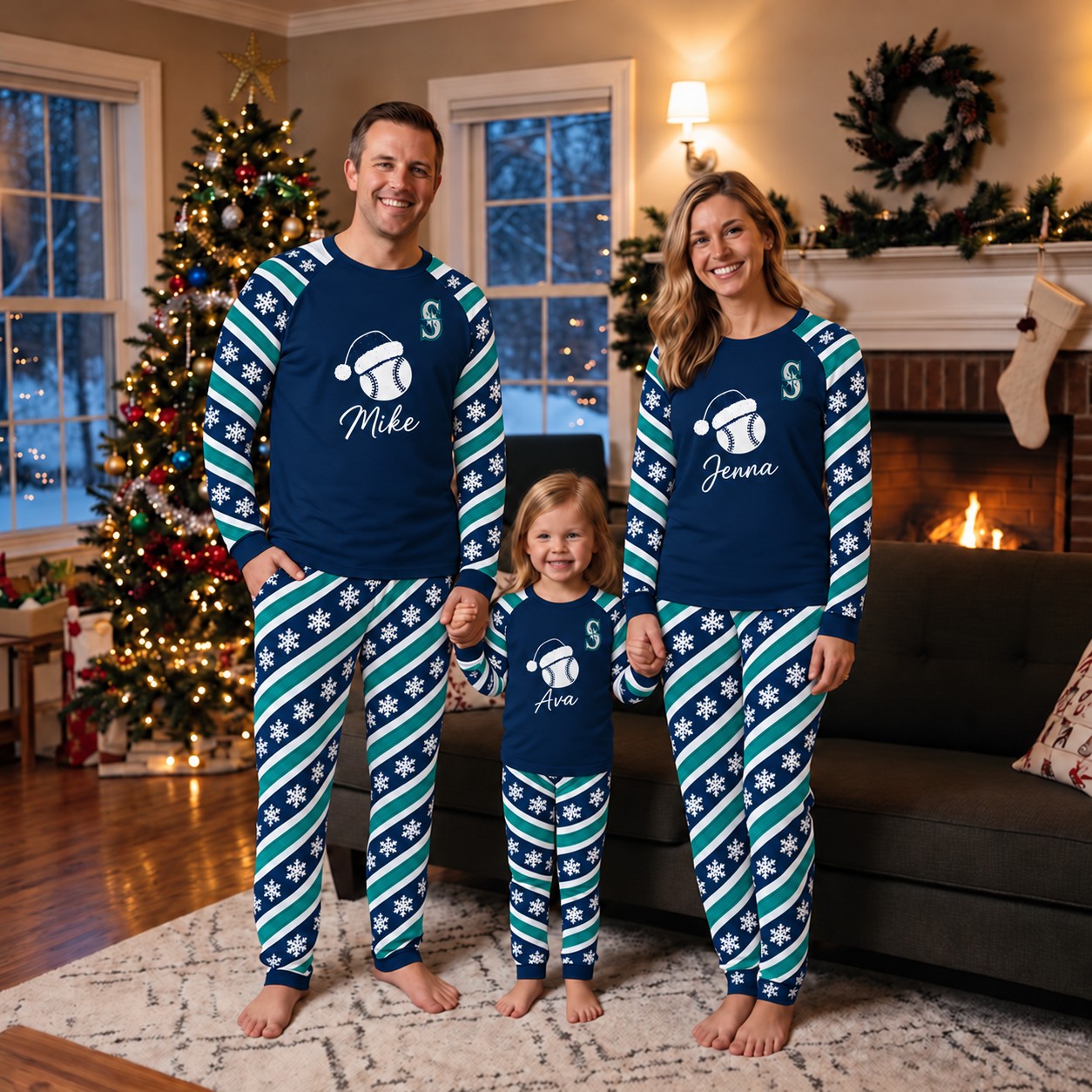 Seattle Mariners family Christmas pajamas, candy stripe design