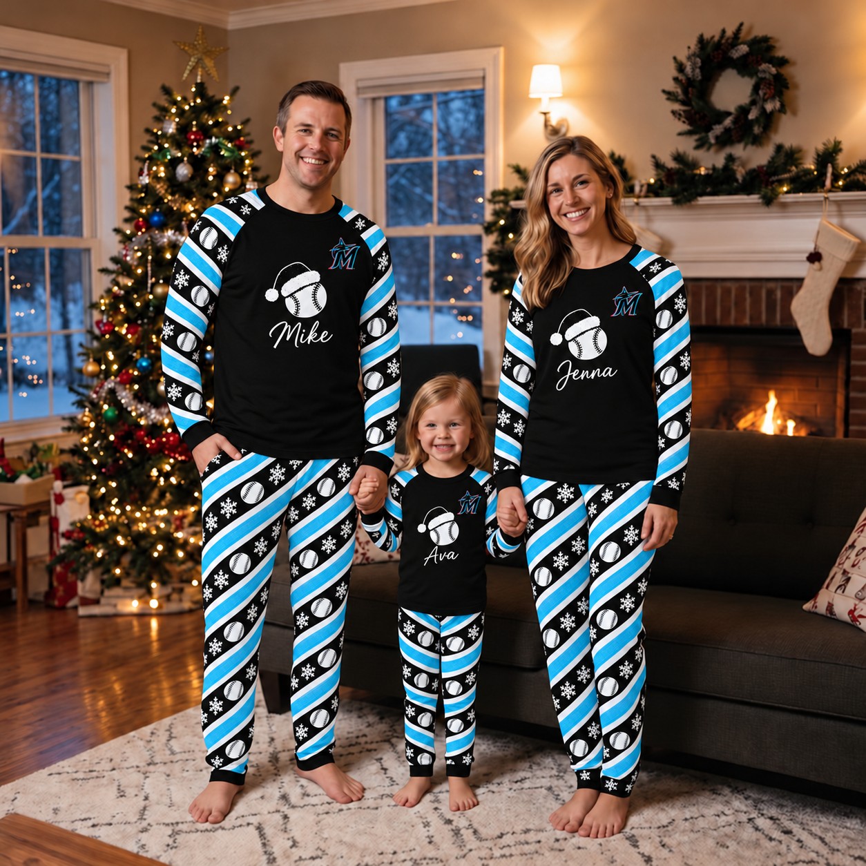 Miami Marlins family Christmas pajamas, candy stripe design