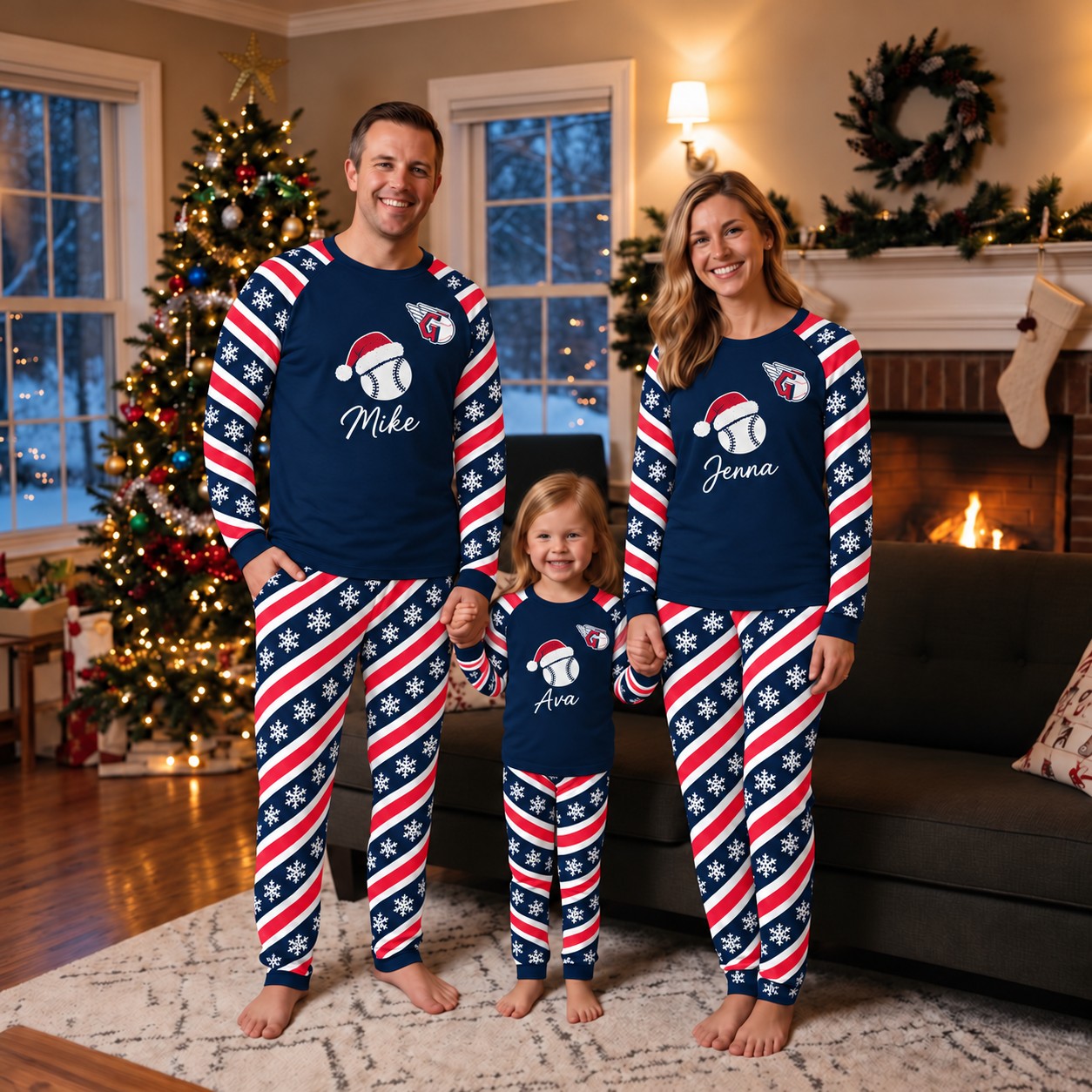 Cleveland Guardians family Christmas pajamas, candy stripe design