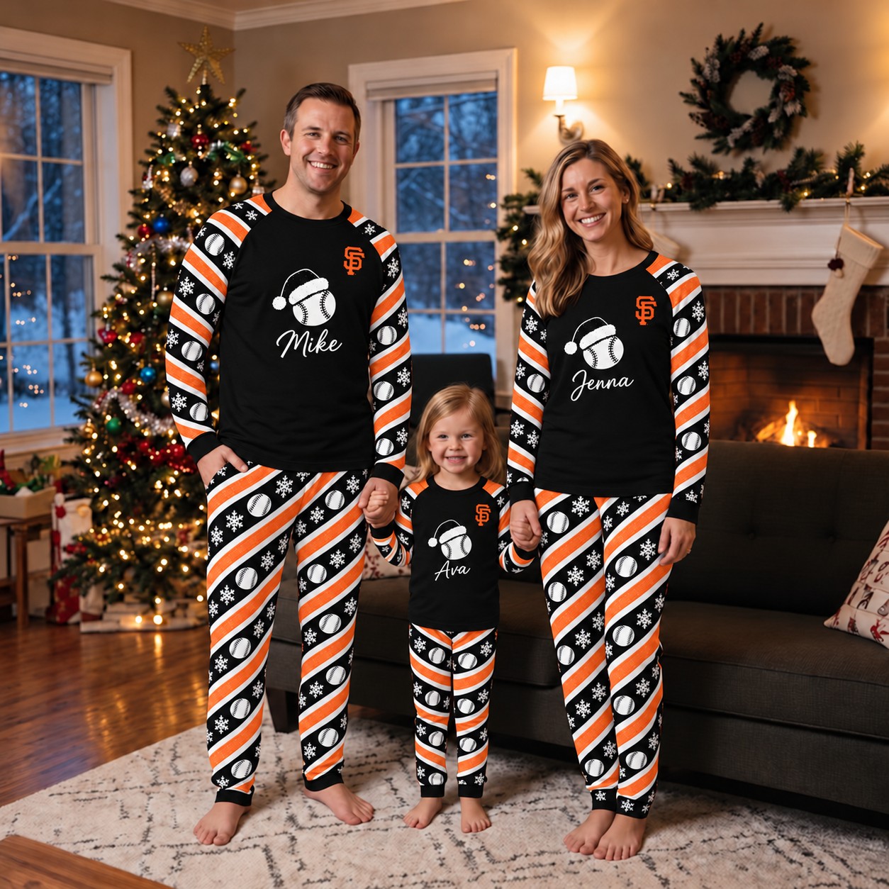 San Francisco Giants family Christmas pajamas, candy stripe design