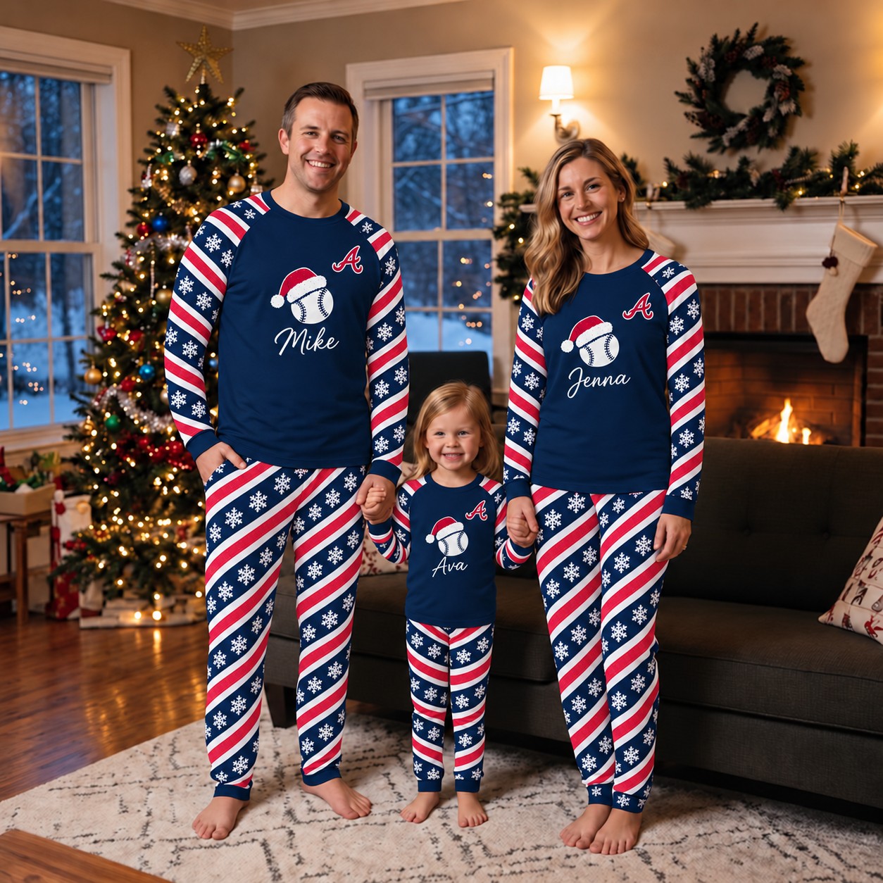 Atlanta Braves family Christmas pajamas, candy stripe design