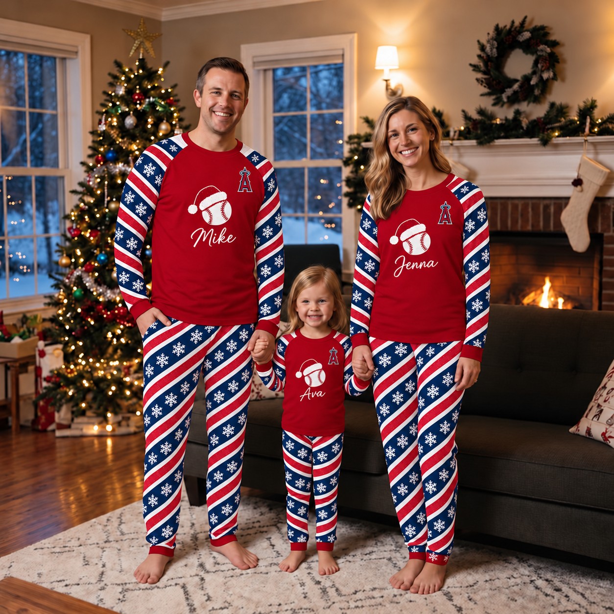 Los Angeles Angels family Christmas pajamas, candy stripe design