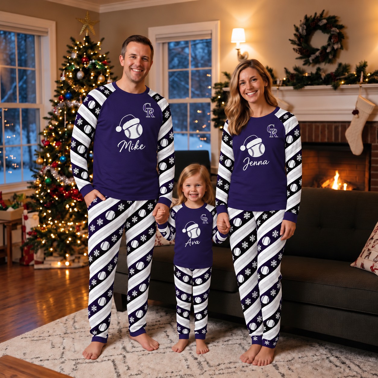 Colorado Rockies family Christmas pajamas, candy stripe design