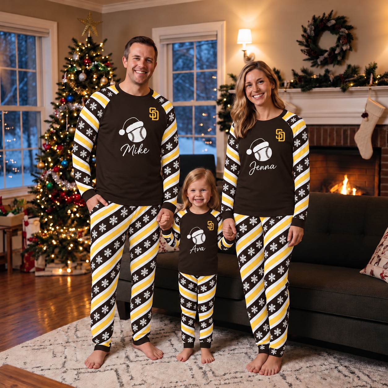 San Diego Padres family Christmas pajamas, candy stripe design