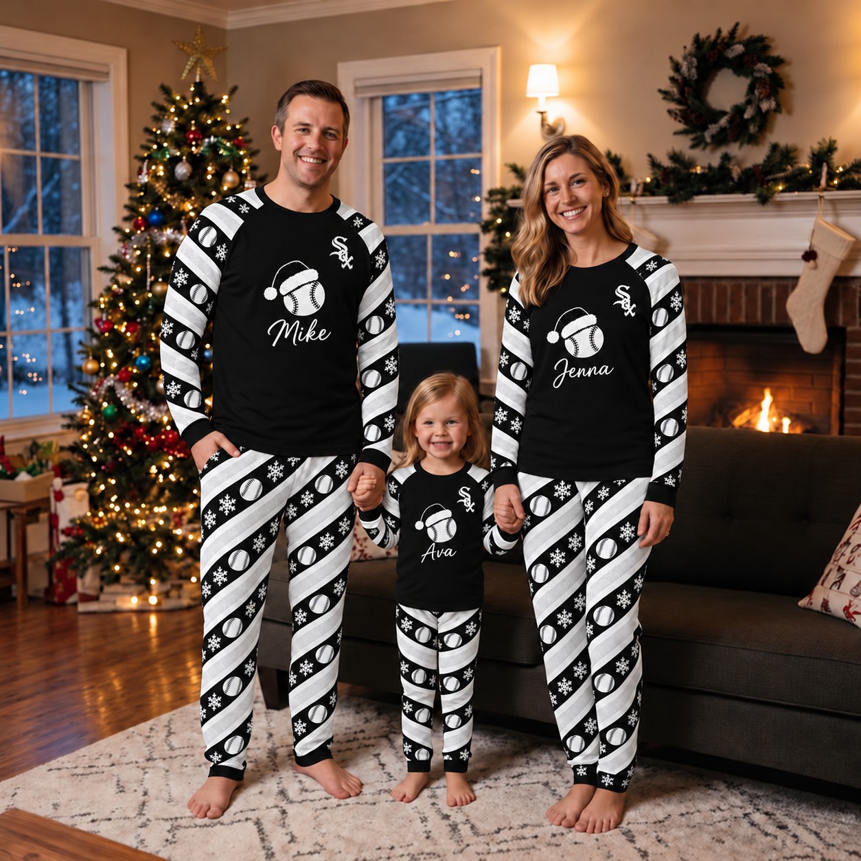 Chicago White Sox family Christmas pajamas, candy stripe design