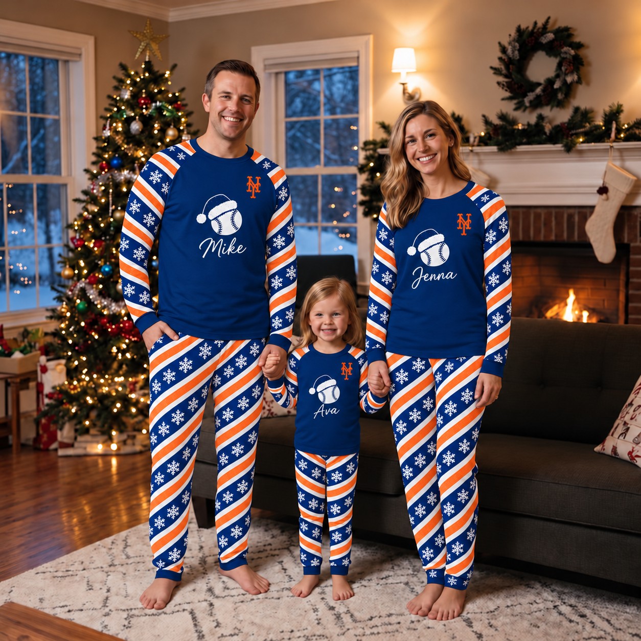 New York Mets family Christmas pajamas, candy stripe design