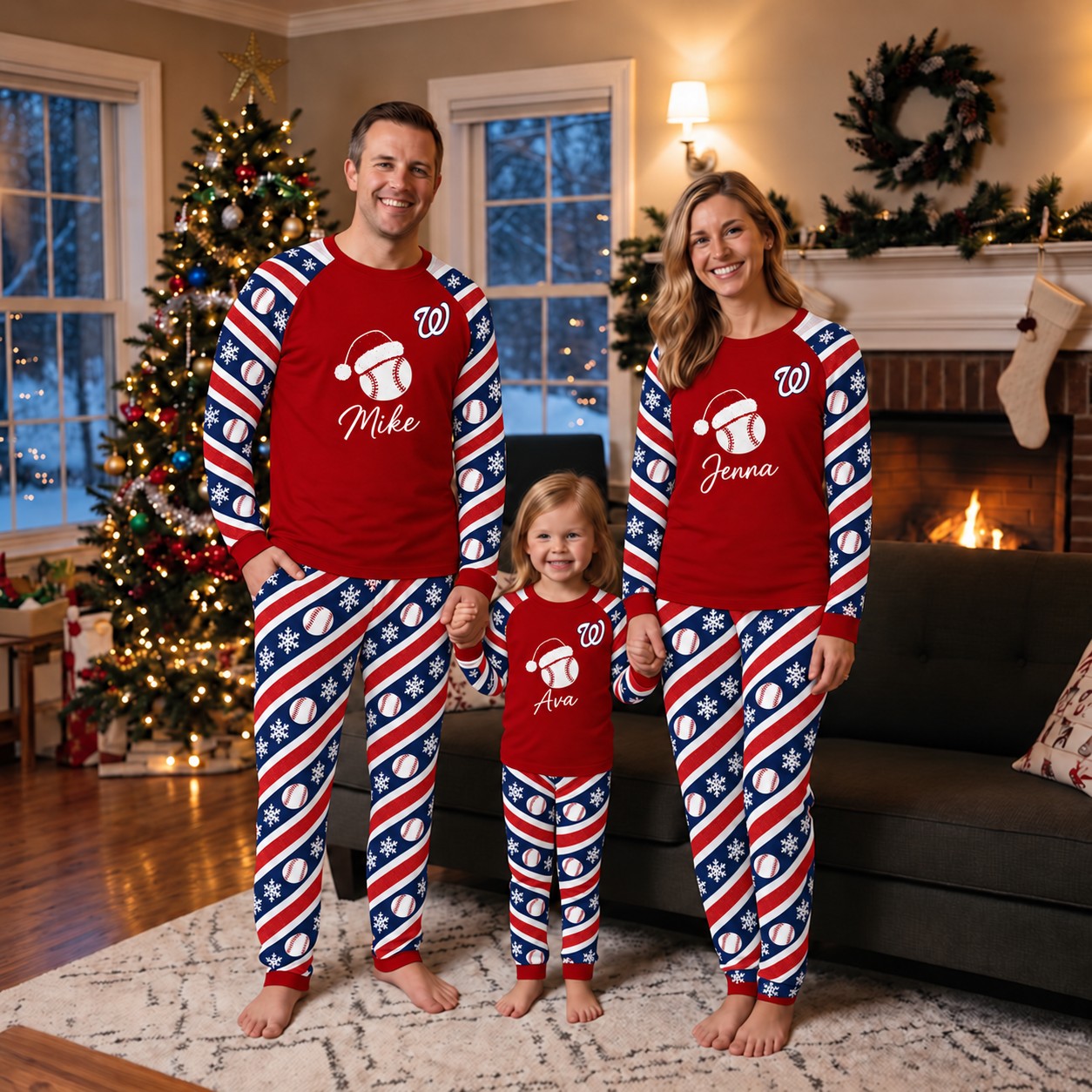 Washington Nationals family Christmas pajamas, candy stripe design