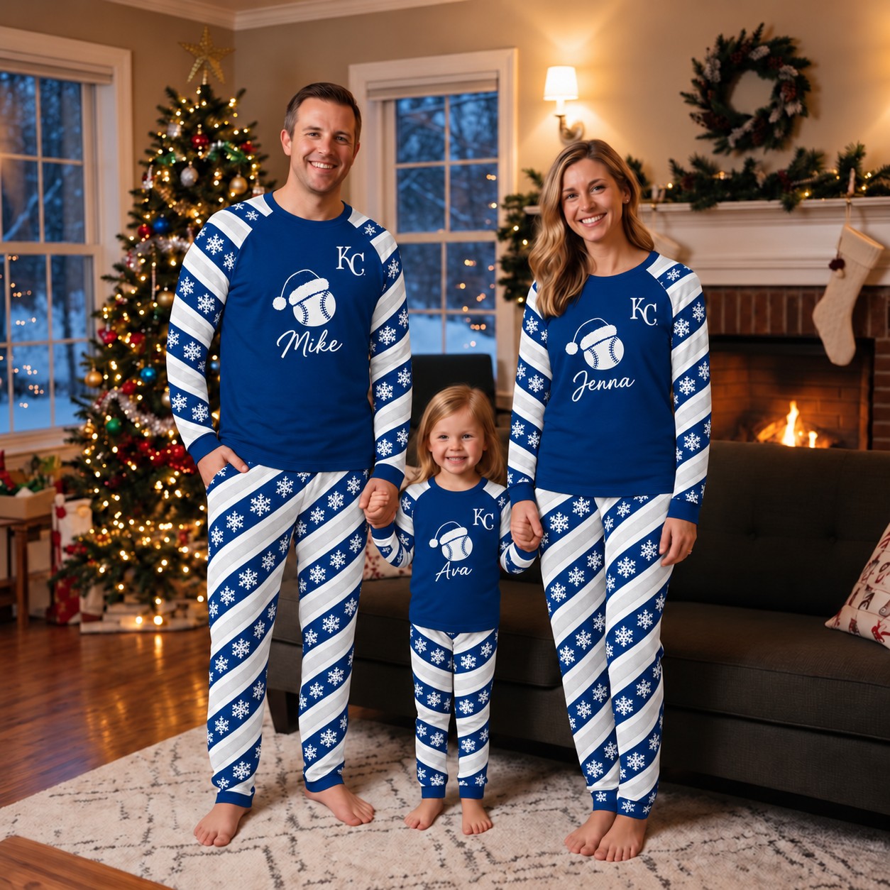 Kansas City Royals family Christmas pajamas, candy stripe design