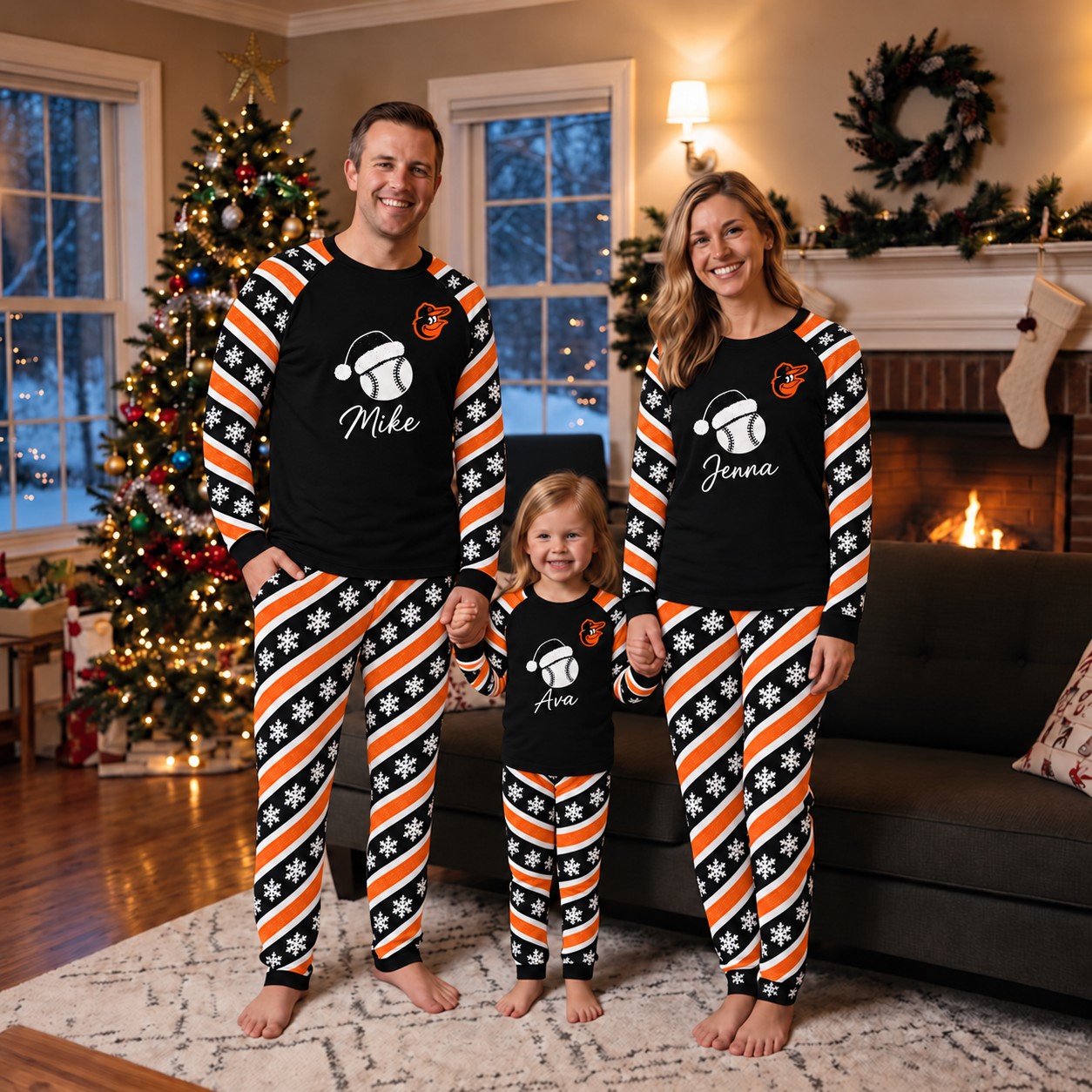 Baltimore Orioles family Christmas pajamas, candy stripe design