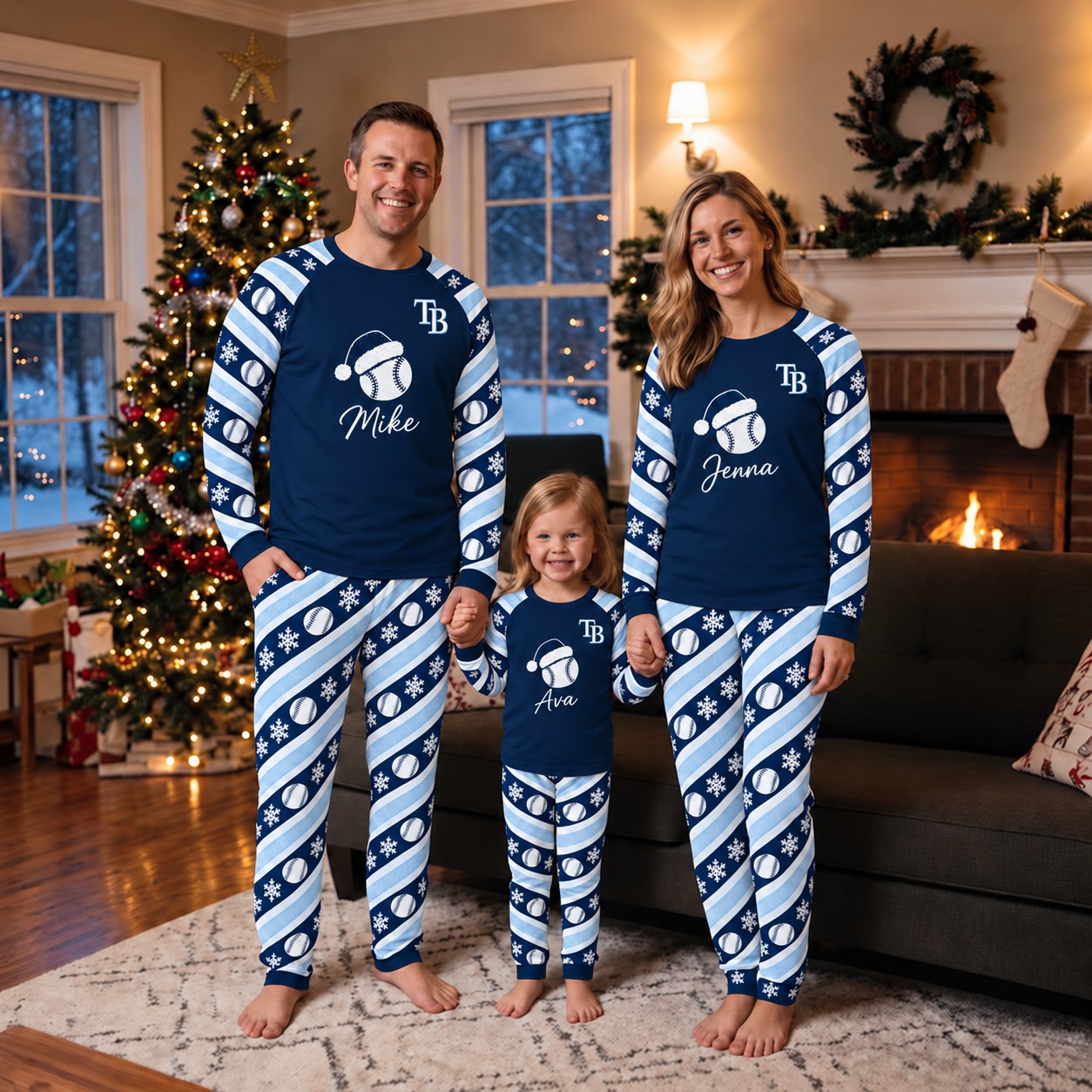 Tampa Bay Rays family Christmas pajamas, candy stripe design