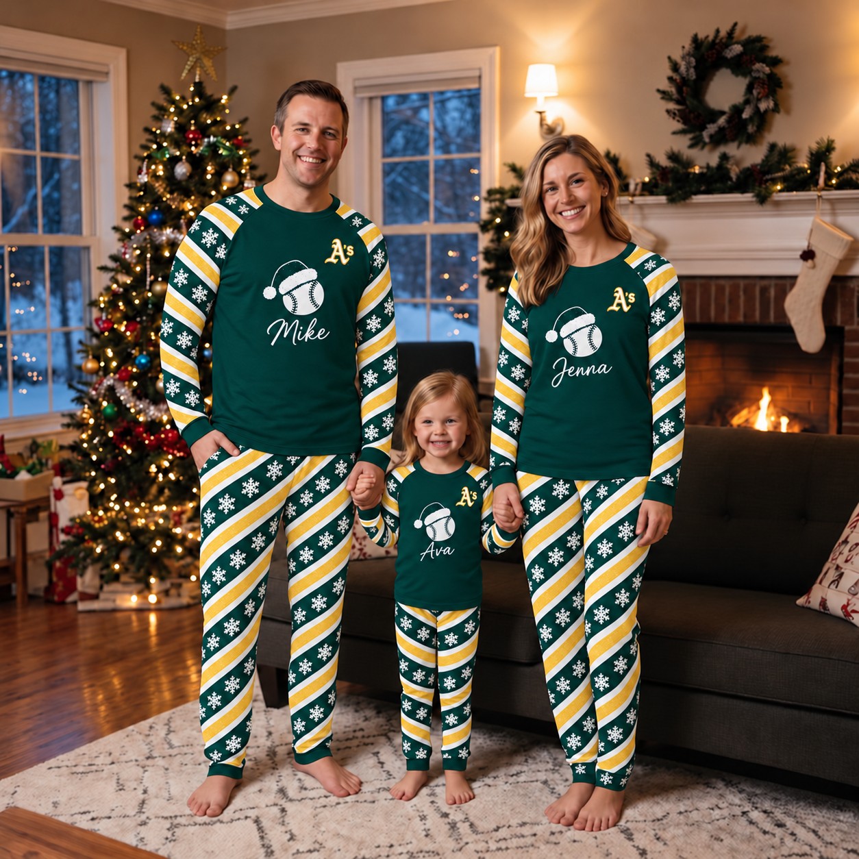 Athletics family Christmas pajamas, candy stripe design