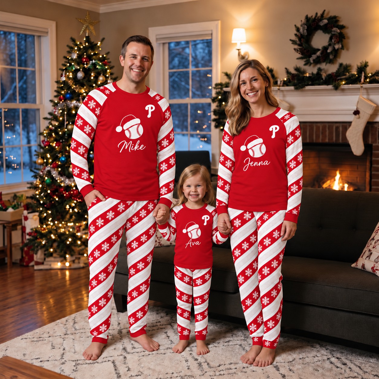 Philadelphia Phillies family Christmas pajamas, candy stripe design