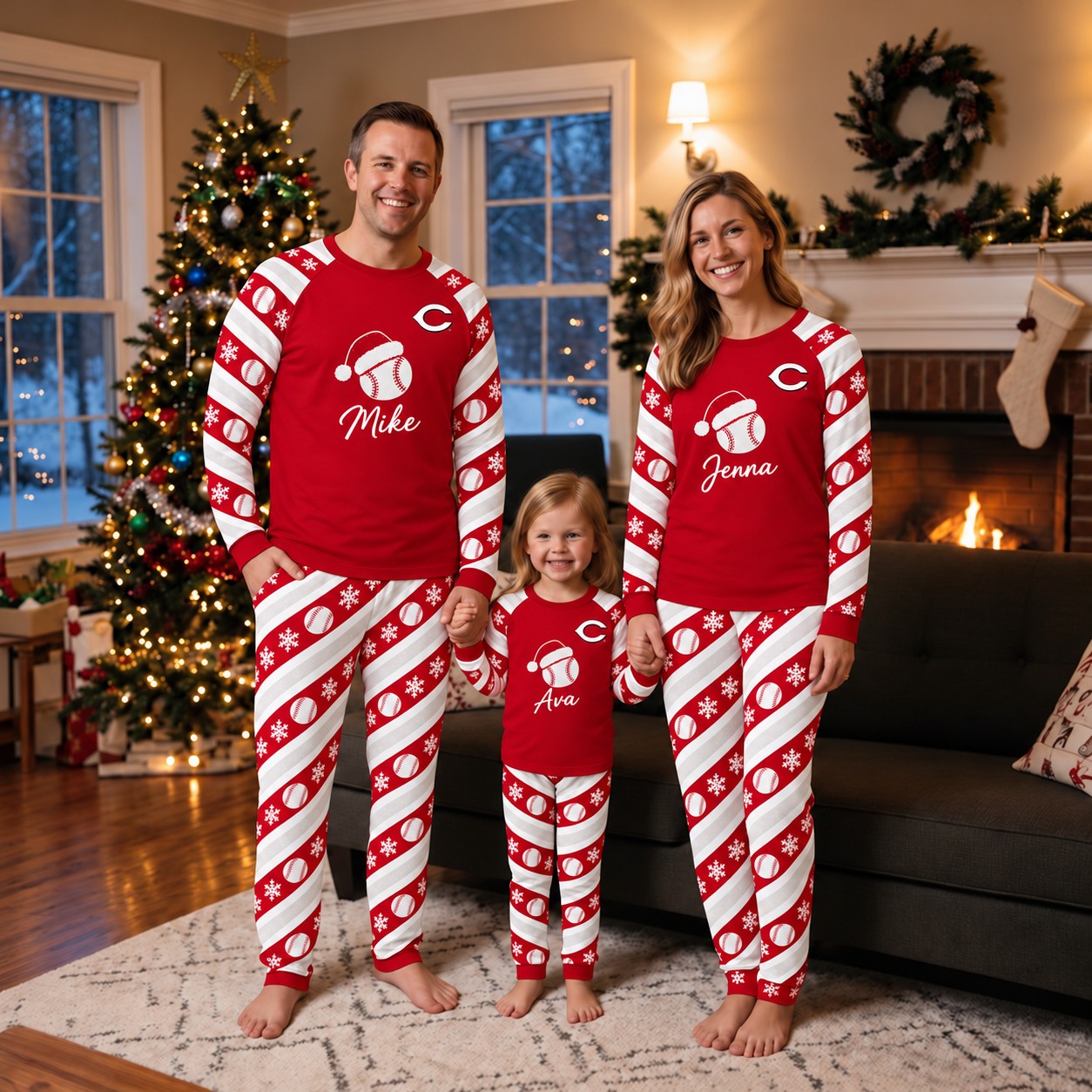 Cincinnati Reds family Christmas pajamas, candy stripe design