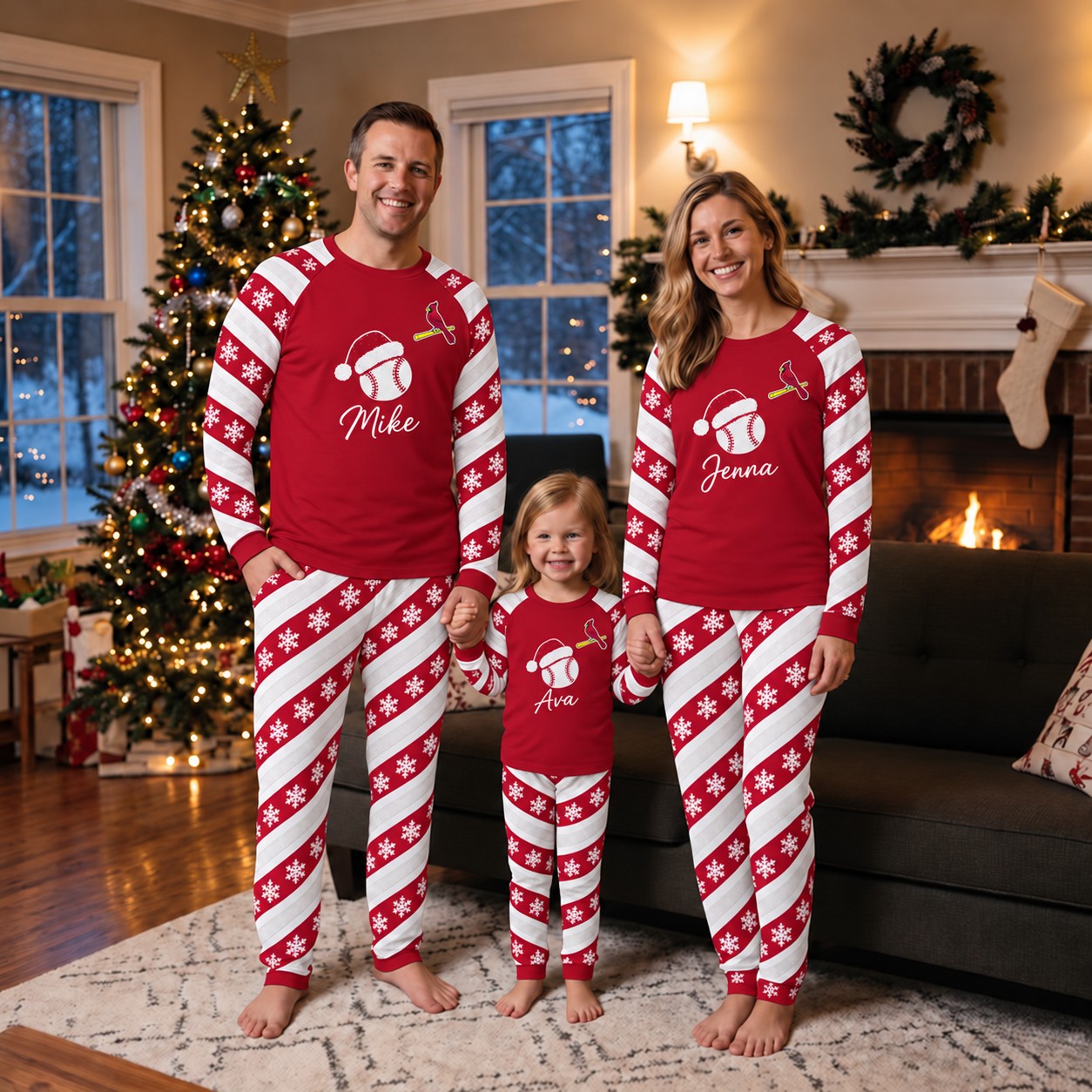 St. Louis Cardinals family Christmas pajamas, candy stripe design
