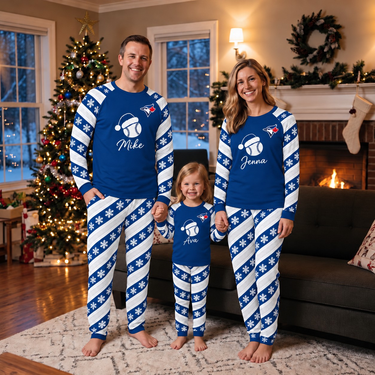 Toronto Blue Jays family Christmas pajamas, candy stripe design