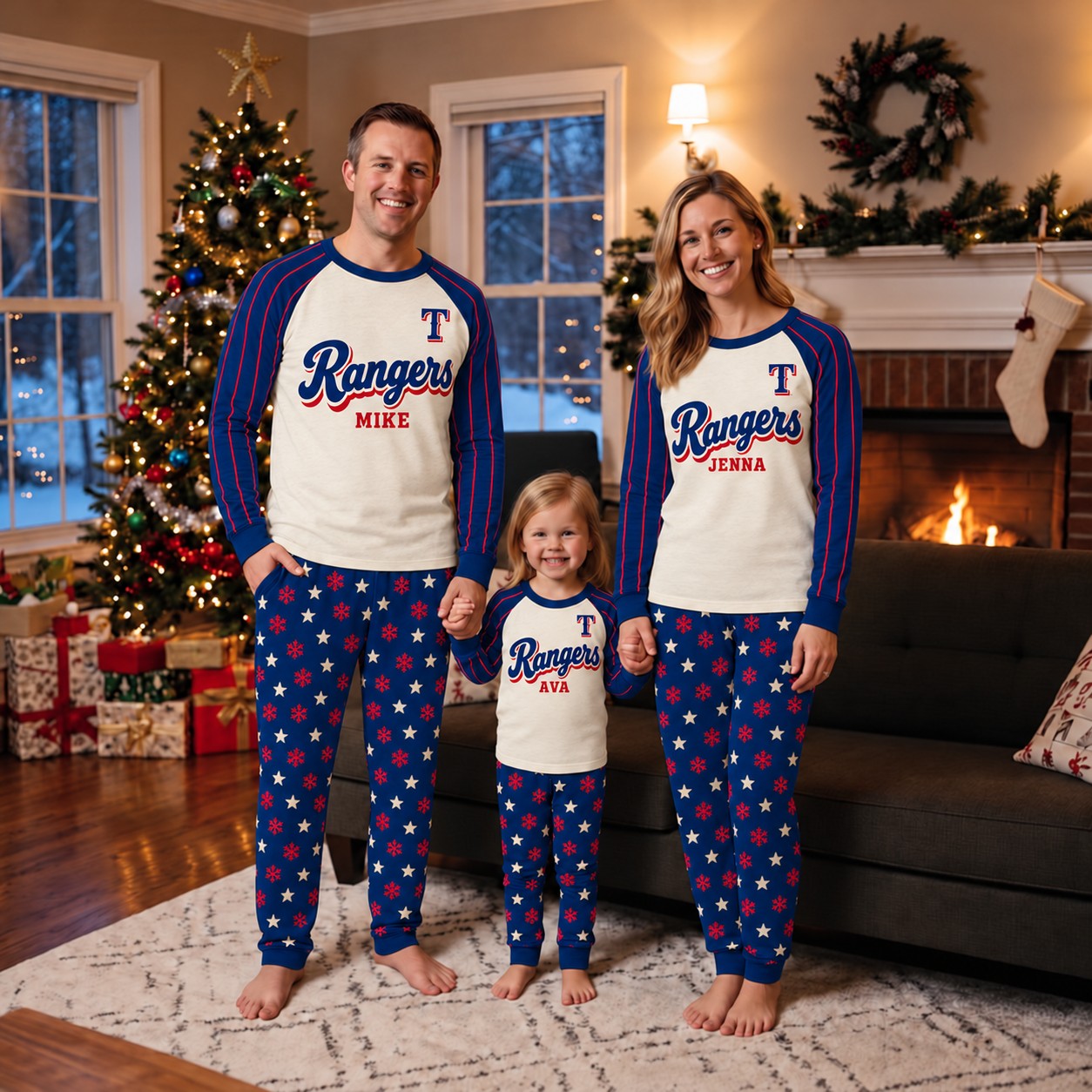 Texas Rangers family Christmas pajamas, retro design