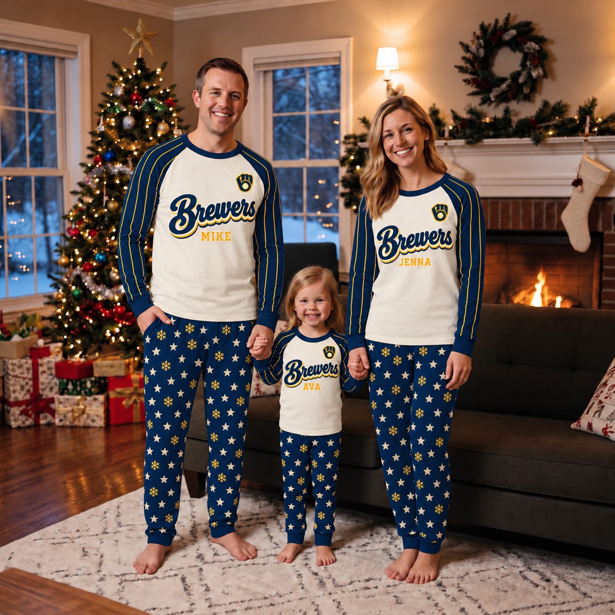 Milwaukee Brewers family Christmas pajamas, retro design