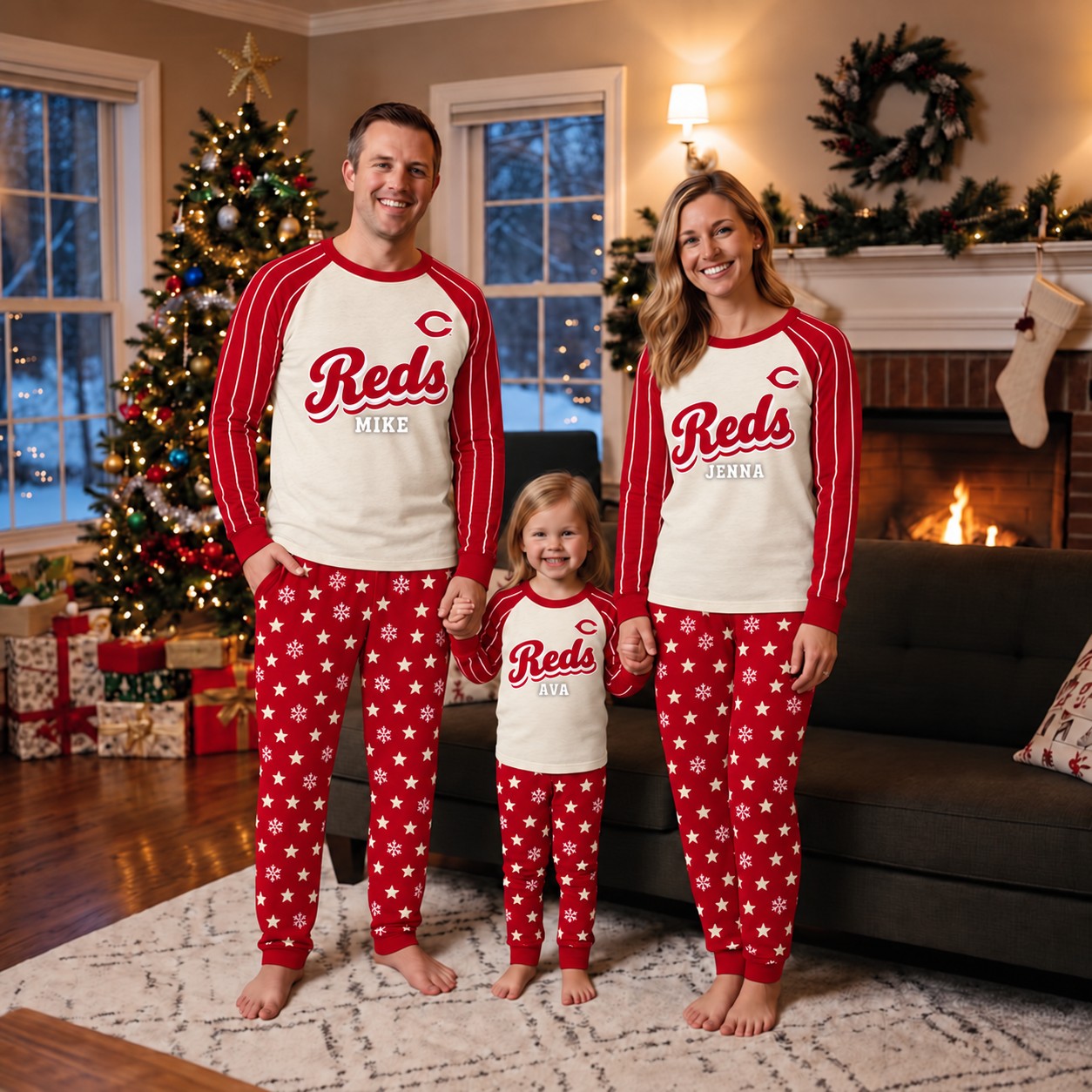 Cincinnati Reds family Christmas pajamas, retro design