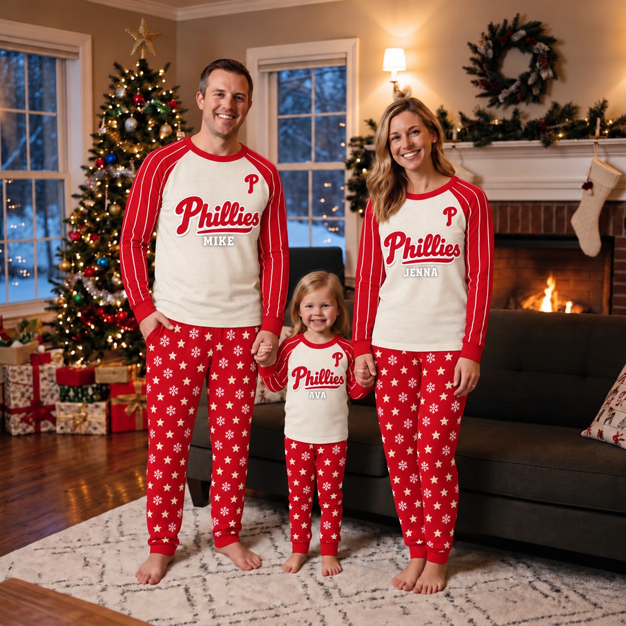 Philadelphia Phillies family Christmas pajamas, retro design