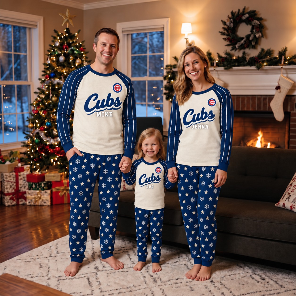Chicago Cubs family Christmas pajamas, retro design