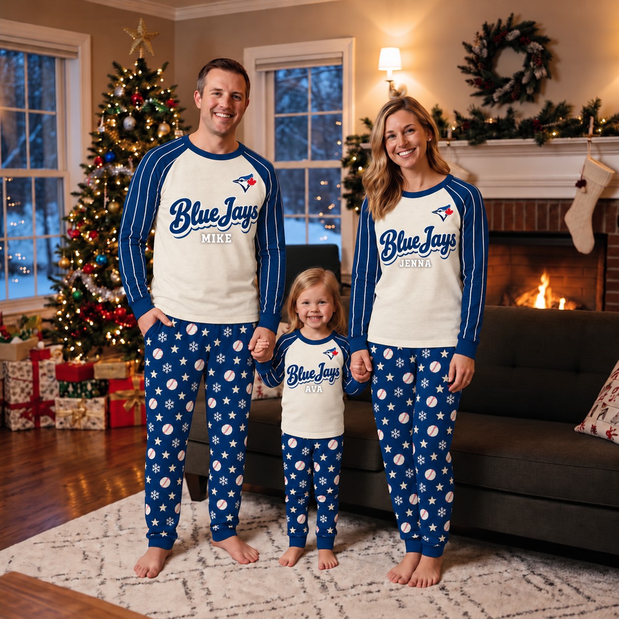 Toronto Blue Jays family Christmas pajamas, retro design