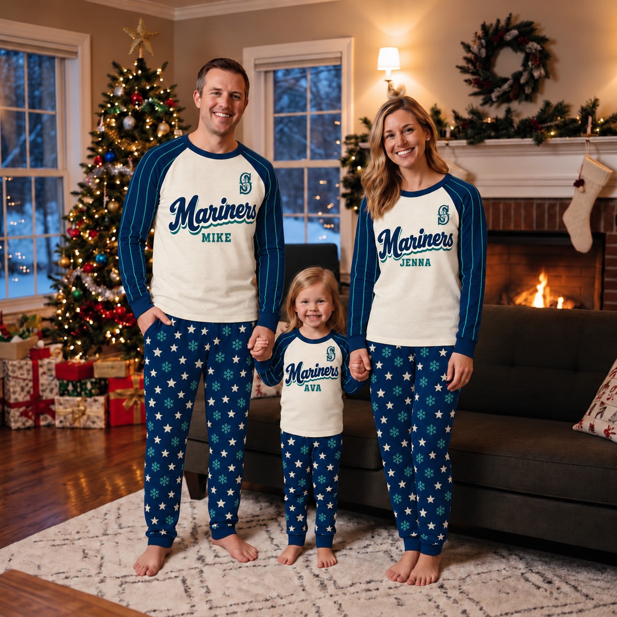 Seattle Mariners family Christmas pajamas, retro design