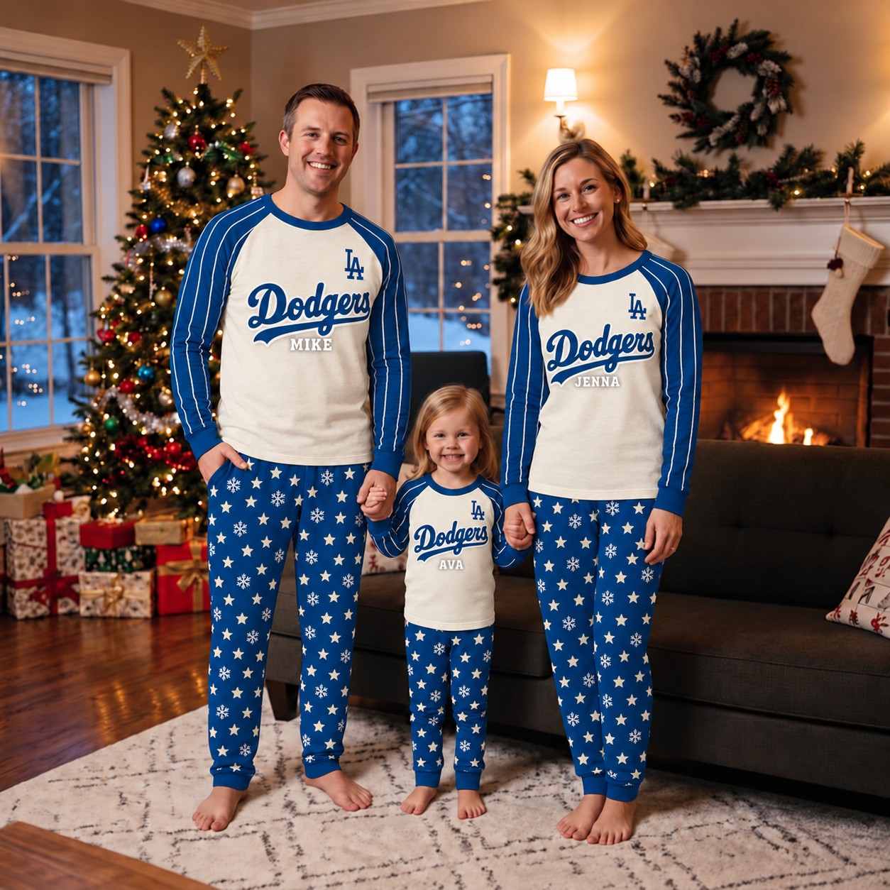 Los Angeles Dodgers family Christmas pajamas, retro design