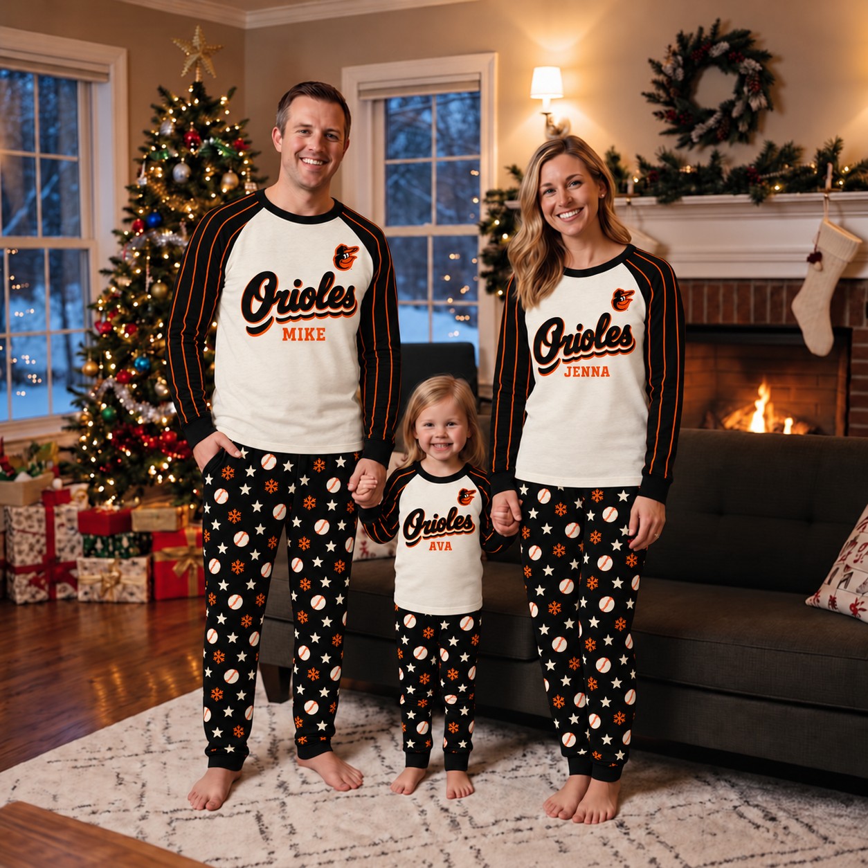 Baltimore Orioles family Christmas pajamas, retro design