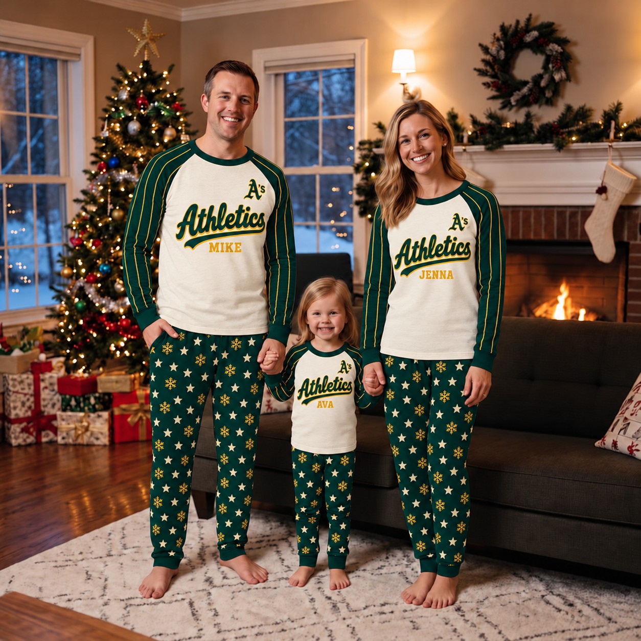 Athletics family Christmas pajamas, retro design
