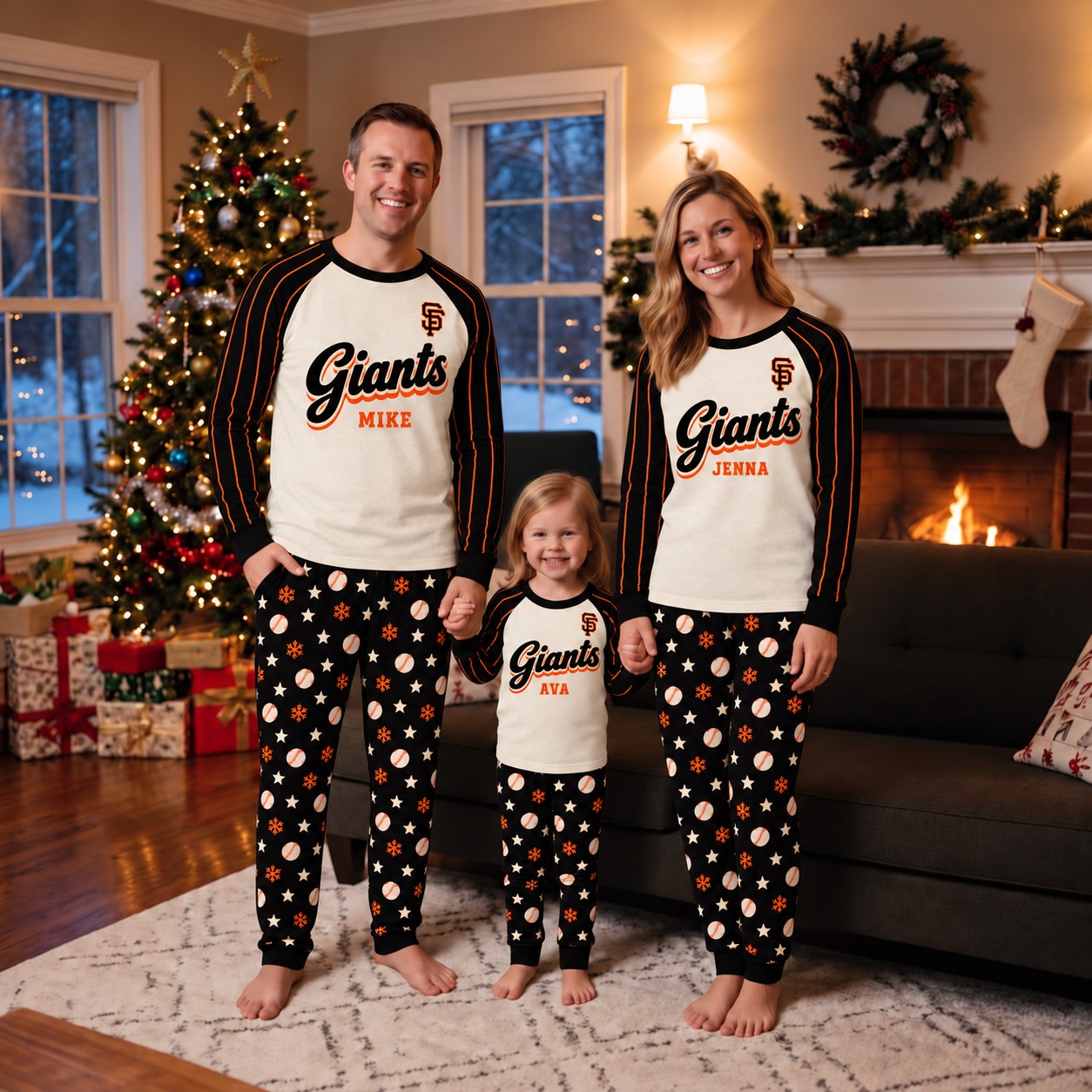 San Francisco Giants family Christmas pajamas, retro design