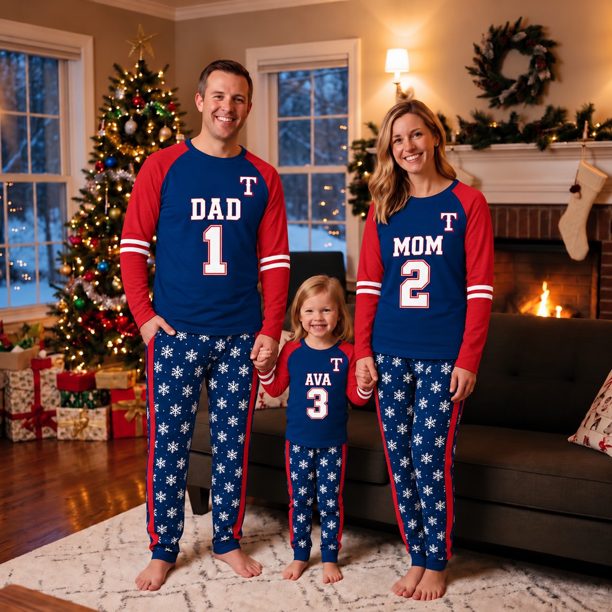 Texas Rangers family Christmas pajamas, jersey design