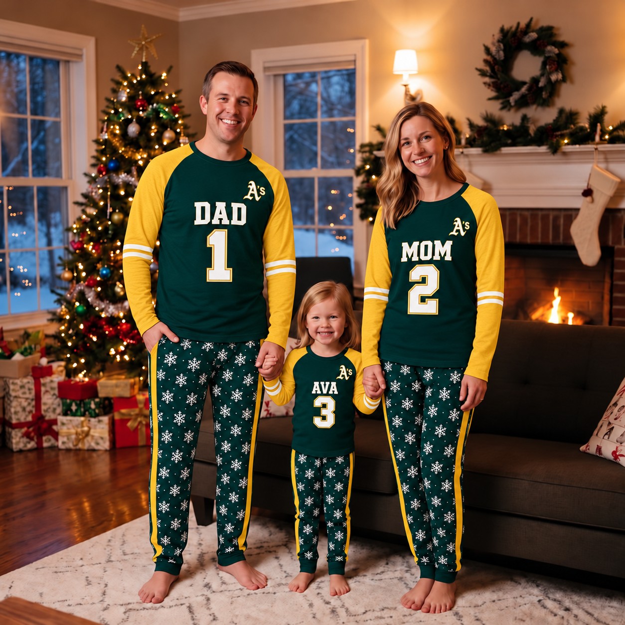 Athletics family Christmas pajamas, jersey design